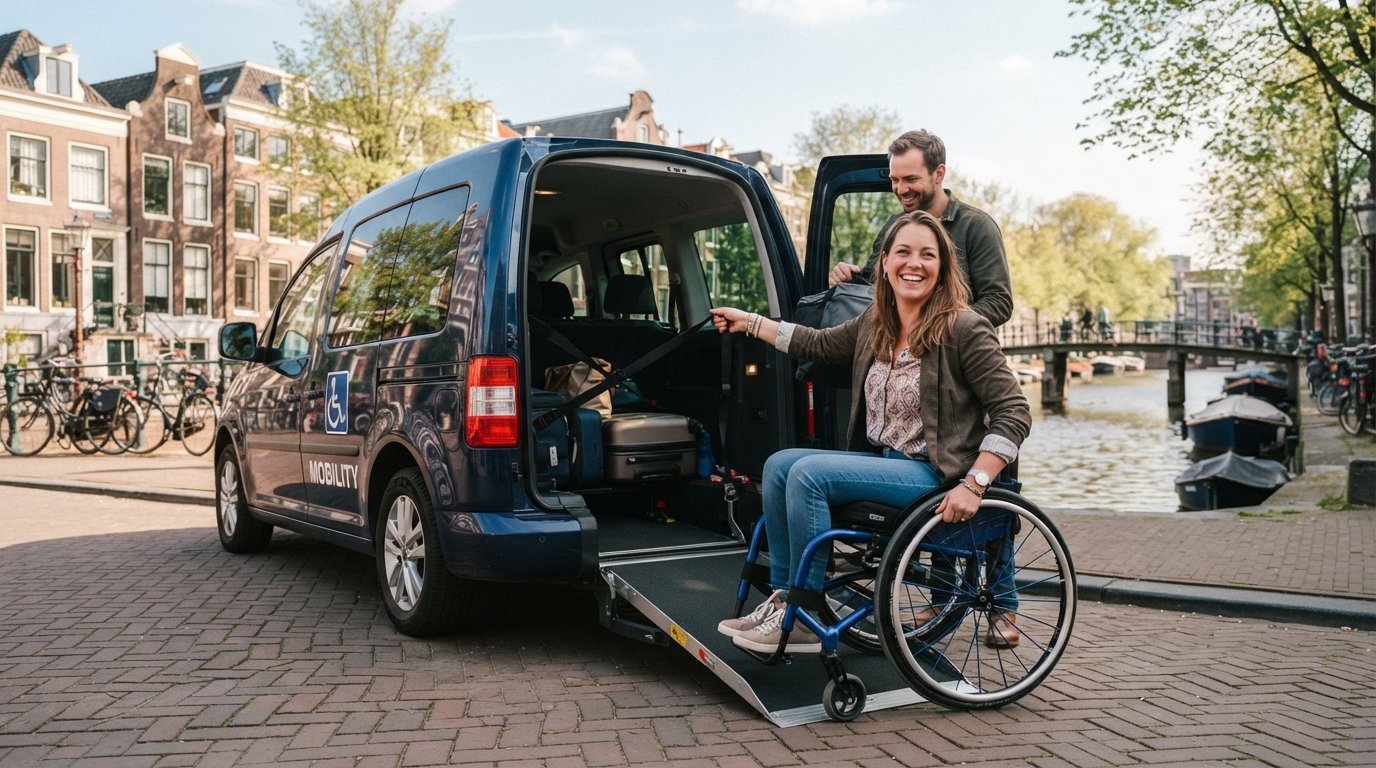 Een lachende vrouw in een rolstoel naast een aangepaste bus met oprijplaat, aan een Amsterdamse gracht.